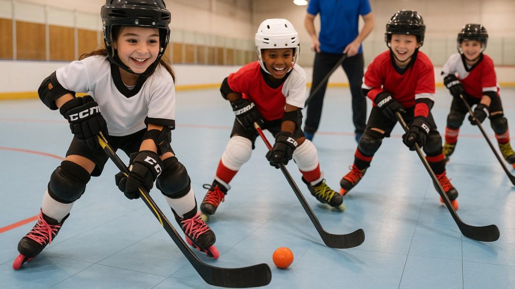 Niños pequeños jugando hockey en patines en pista cubierta, con equipación completa y entrenador al fondo, en ambiente alegre y seguro