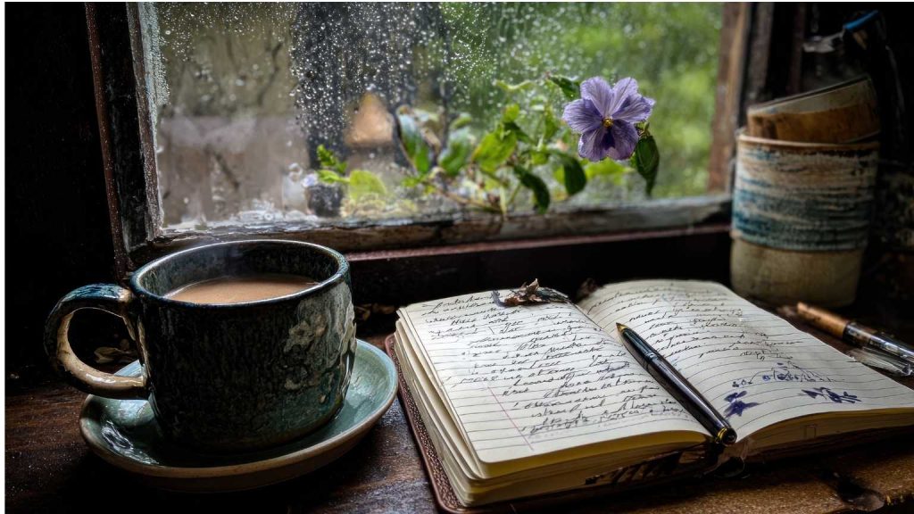 Taza de café junto a una libreta abierta en la ventana de un apartamento en la Vall de Boí, ideal para desconectar y disfrutar del alojamiento en la montaña