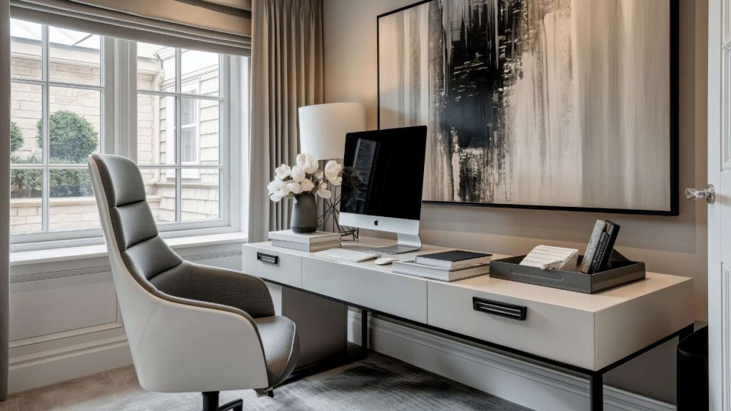 Interiorismo y decoración en un estudio moderno con carácter, mobiliario funcional, iluminación cálida y detalles personalizados para un espacio de trabajo elegante.