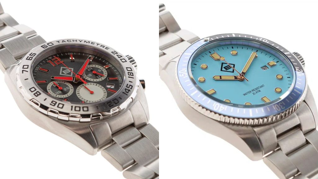 diversas colecciones de relojes en vitrina elegante de tienda de relojes.