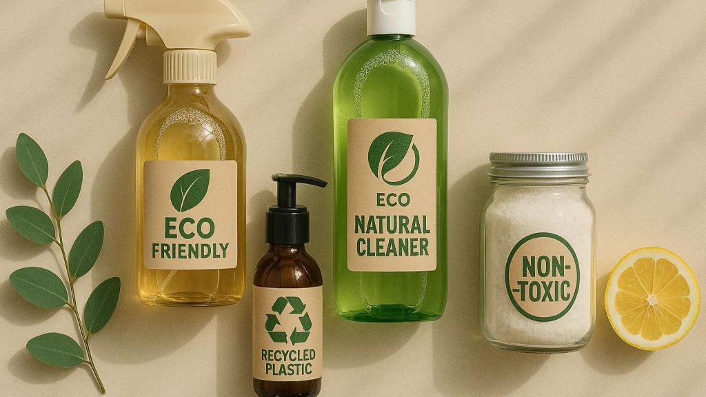 Certificaciones visibles en productos de limpieza ecológicos en envases reutilizables y sostenibles.