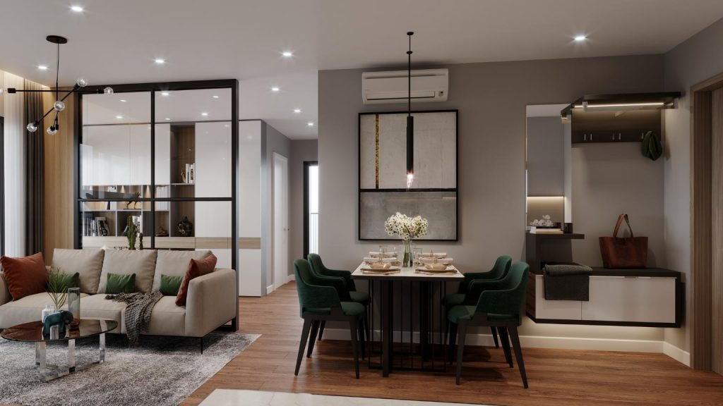 diseño de interiores en Madrid en salón comedor moderno con estilo minimalista, mobiliario elegante y luz natural