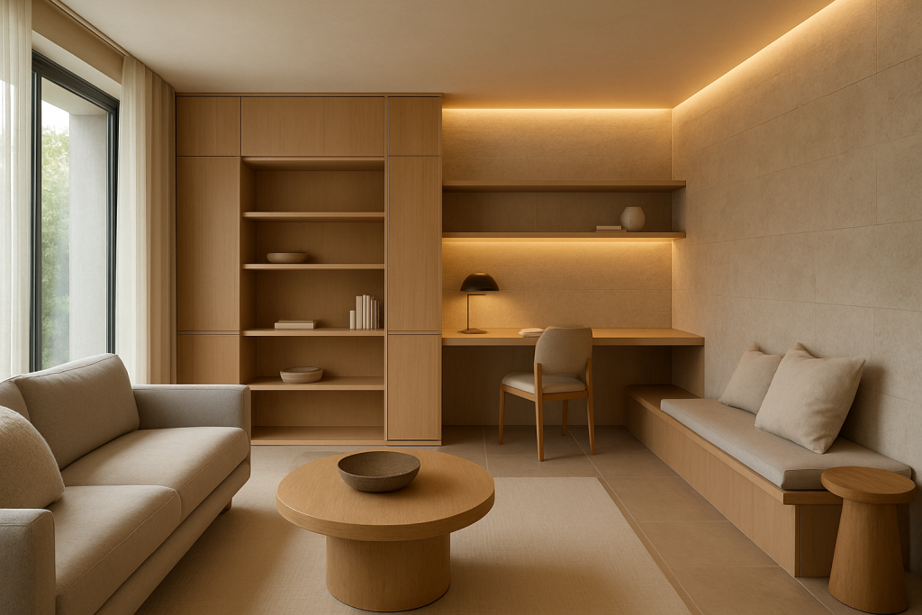 Ambiente híbrido diseñado con diseño de interiores personalizado que combina elegancia, funcionalidad y estilo contemporáneo.