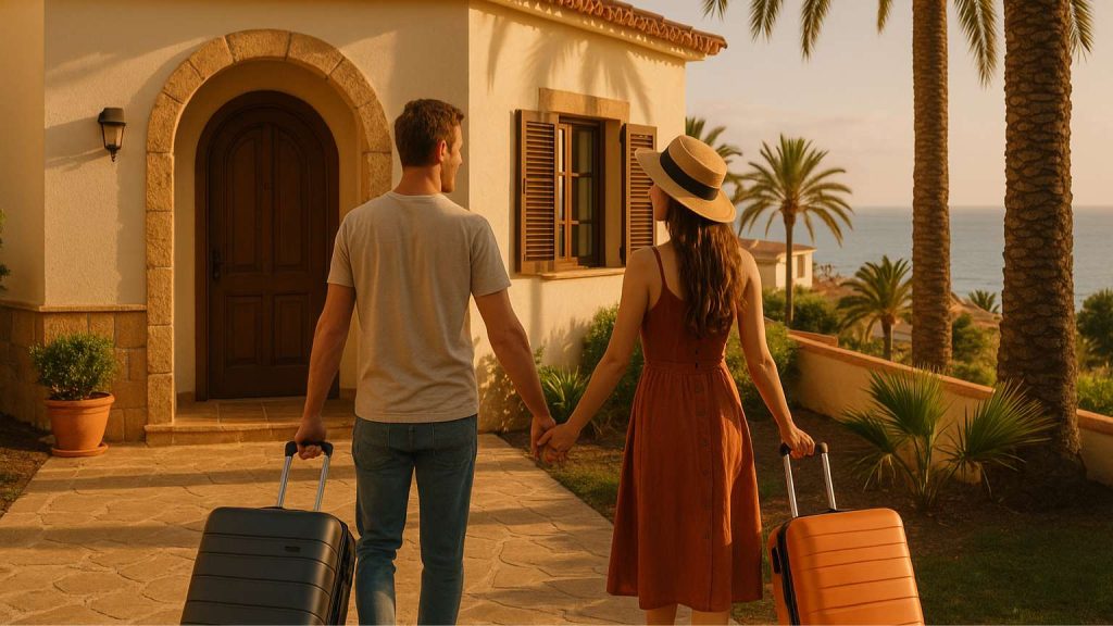 Pareja joven llegando a una casa de alquiler en Gran Canaria con maletas y vista al mar