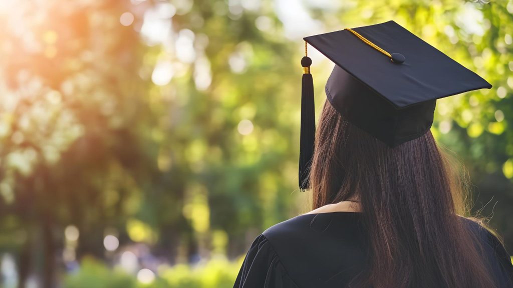 Persona con birrete de graduación en un entorno natural, simbolizando la relación entre el éxito académico y el valor personal.