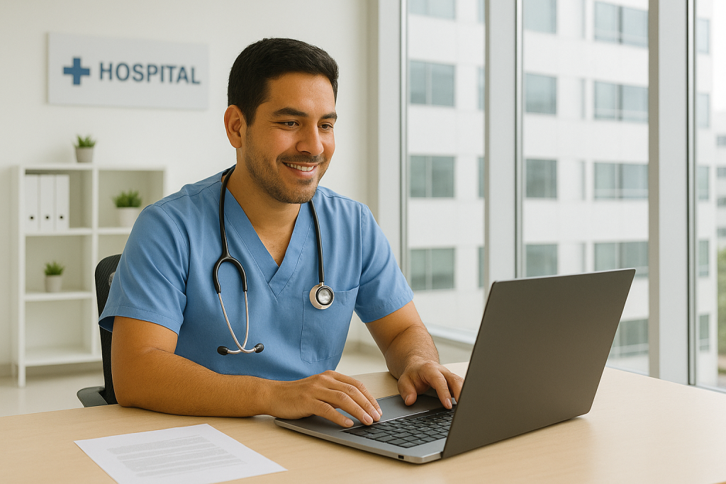 Profesional de la salud revisando ofertas de empleo sanitario en España desde un ordenador portátil