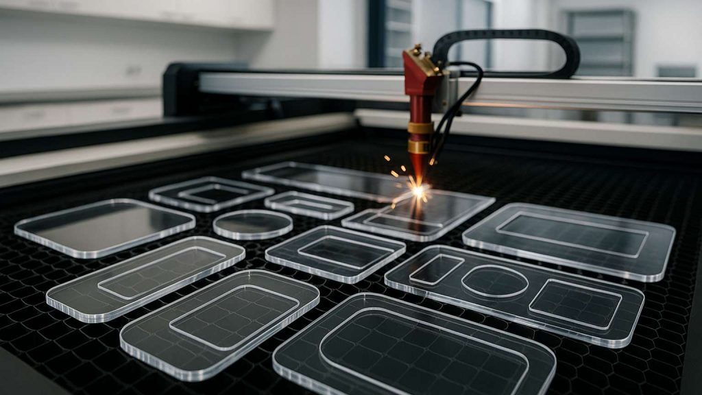 Planchas de metacrilato a medida siendo cortadas con láser en taller profesional