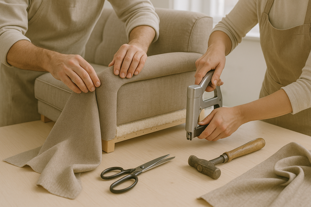 Tapiceros en Madrid trabajando en el tapizado artesanal de un mueble a medida
