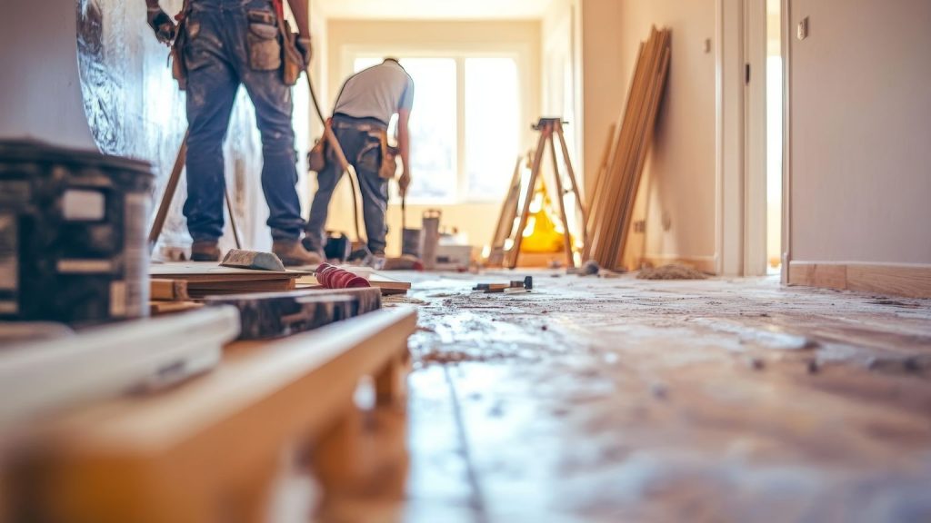 Equipo de empresa de reforma trabajando en obra de vivienda interior.