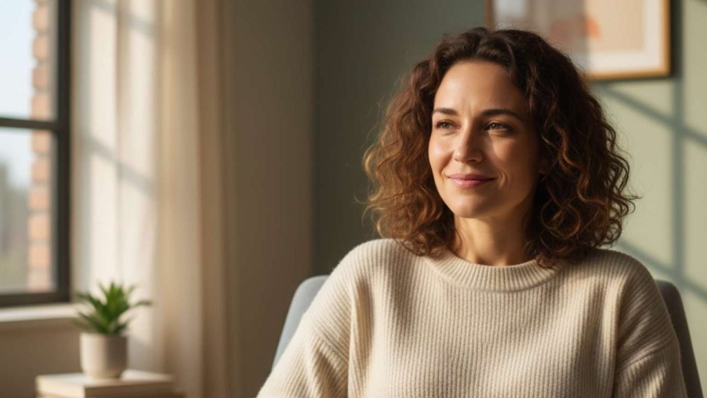 Persona en terapia psicológica con expresión de alivio emocional en consulta tranquila