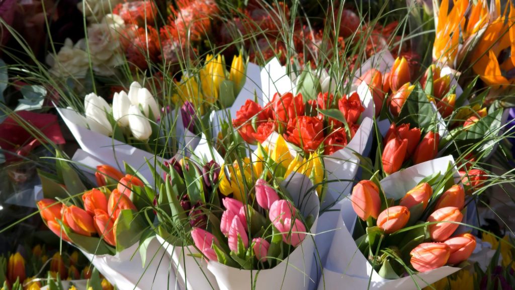 Floristería con ramos de flores frescas de temporada preparados para regalo