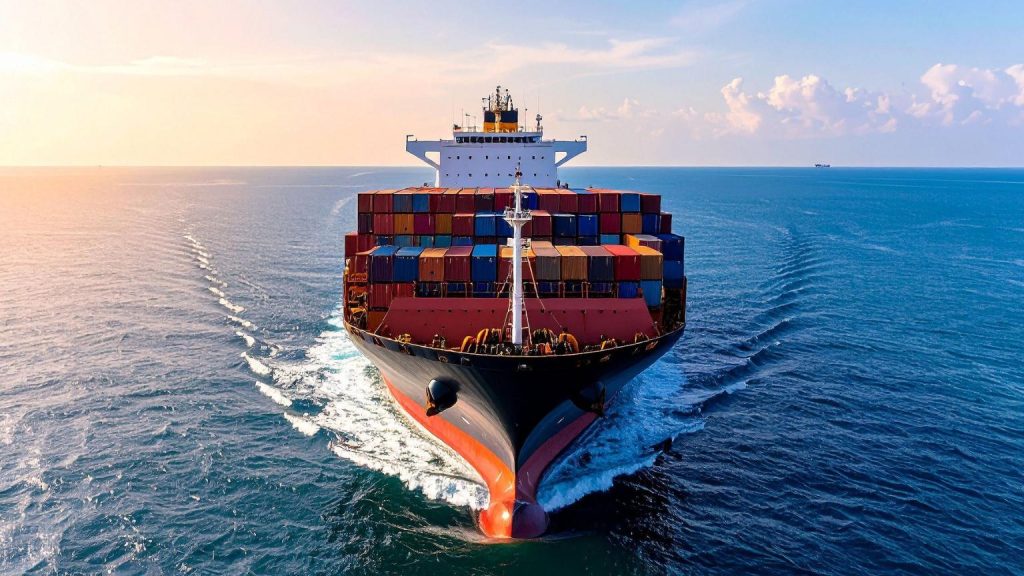 Buque de carga transportando contenedores en alta mar como parte de un envío internacional gestionado por una empresa de logística integral.