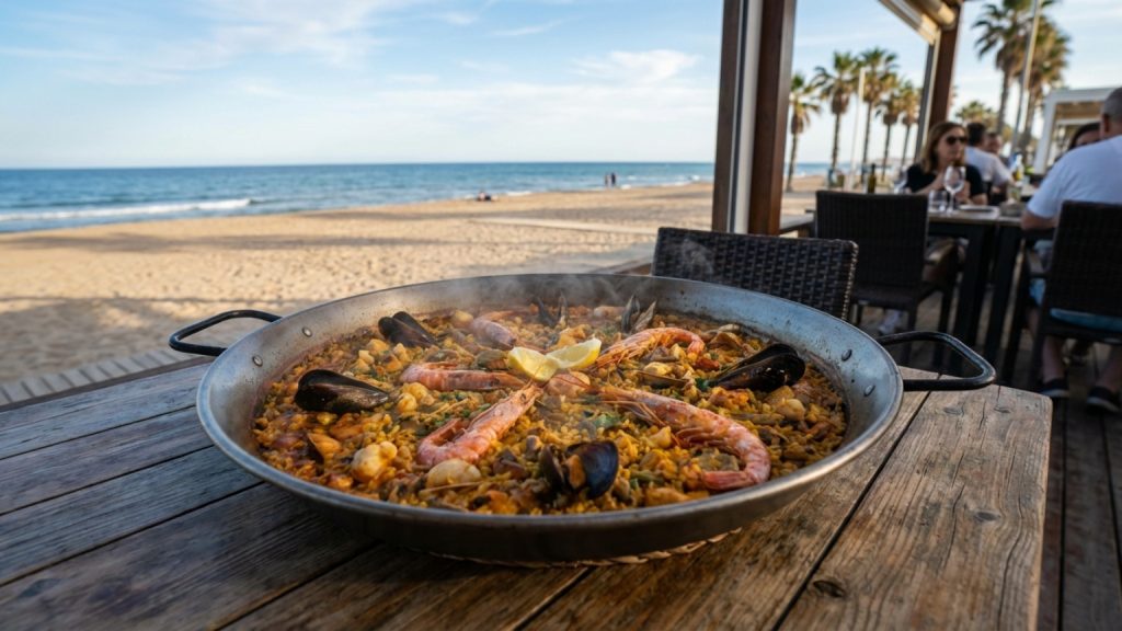 ¡Encuentra la paella perfecta en Playa Arenales con vistas al mar!