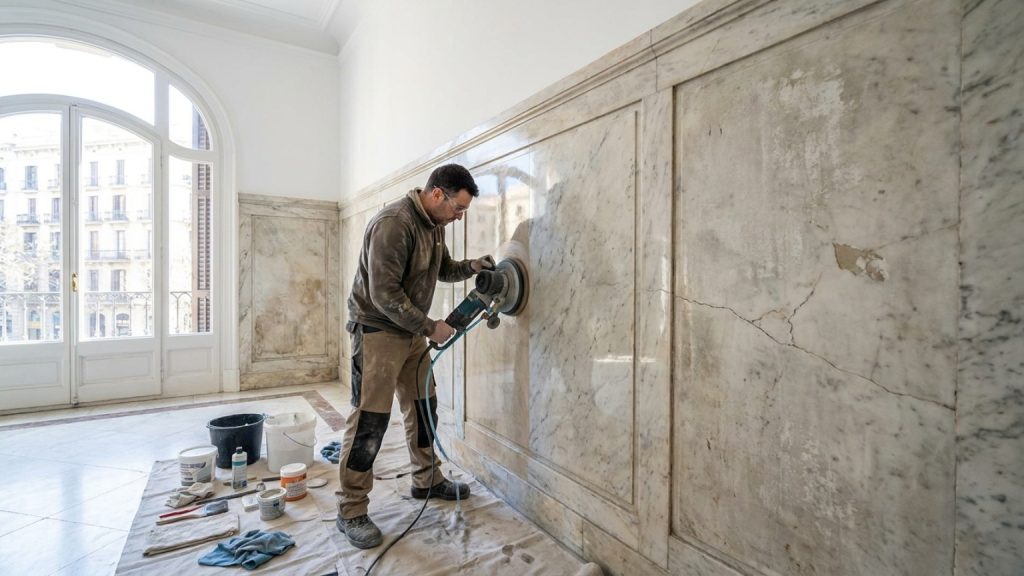 ¿Qué es la restauración de paredes de mármol en Barcelona?