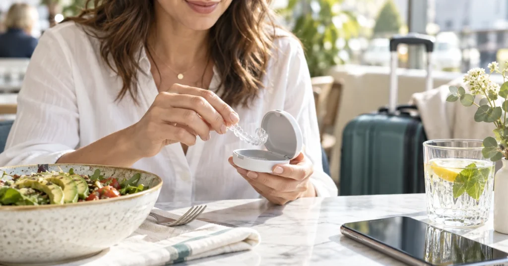 Mujer guarda un alineador transparente en su estuche antes de comer
