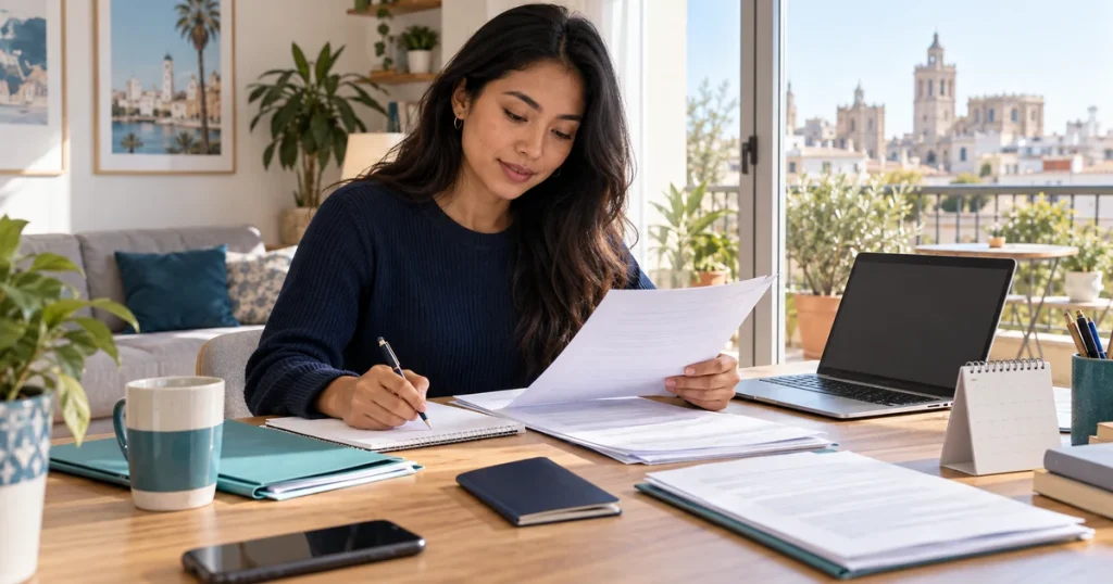 Estudiante revisando documentos y calendario para continuar sus estudios en España
