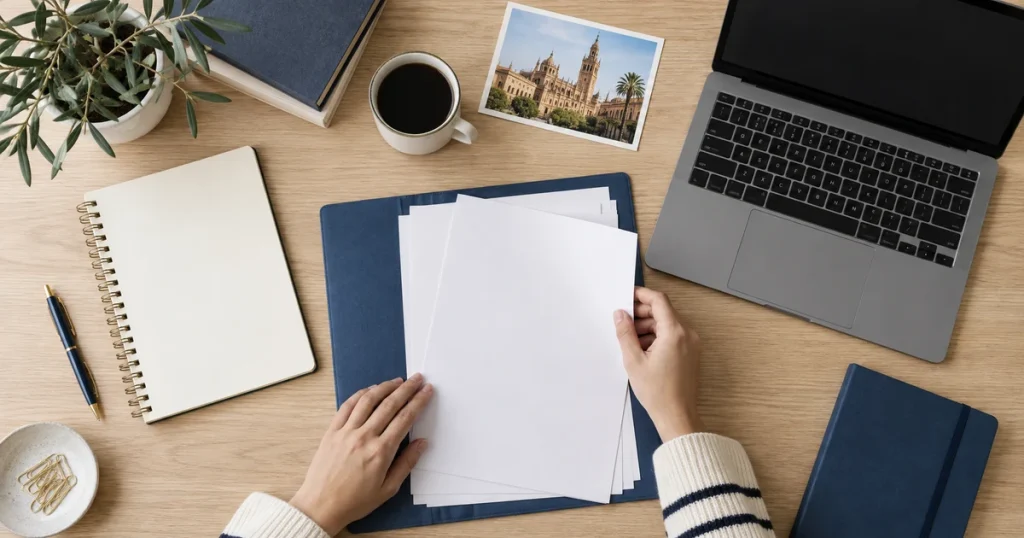 Manos ordenando documentos académicos junto a un portátil y una libreta