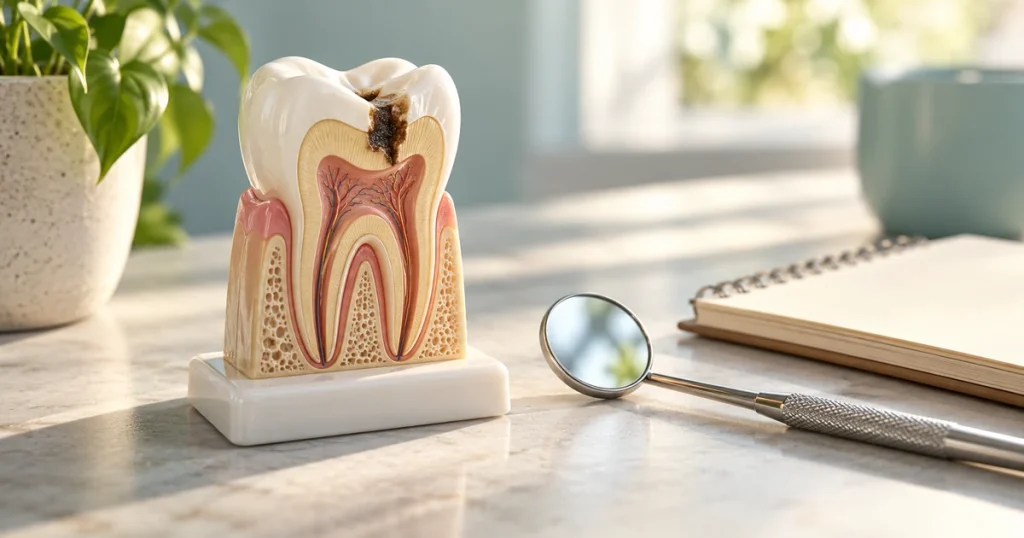 Modelo dental con caries junto a espejo clínico y cuaderno
