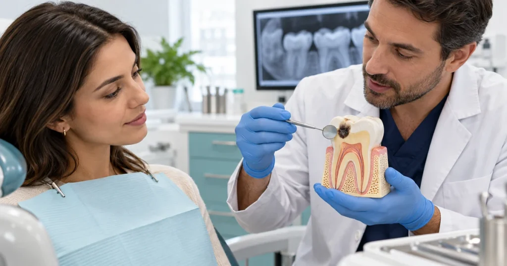 Dentista explica una caries en un modelo dental durante la consulta