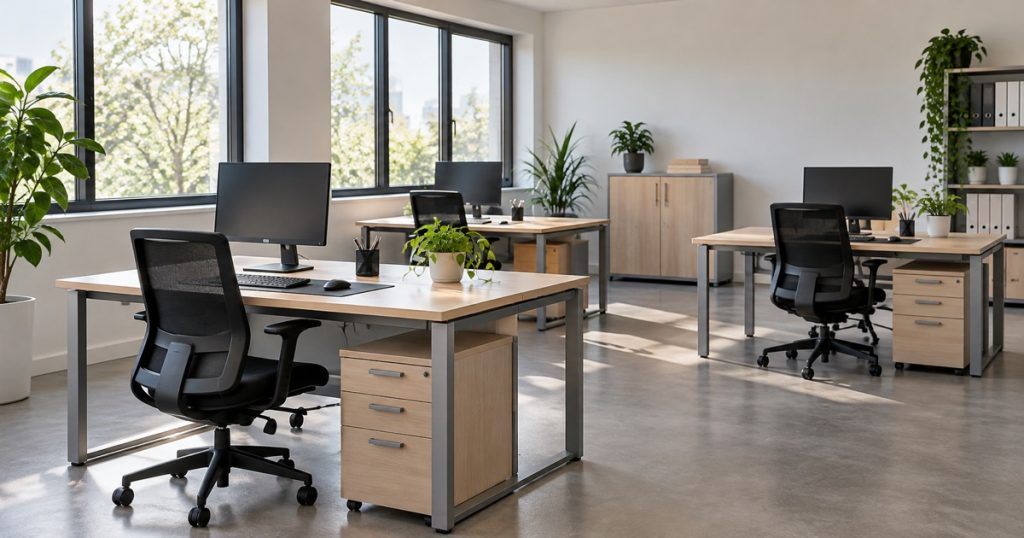 Oficina luminosa con escritorios de madera clara, sillas negras, cajoneras y plantas.