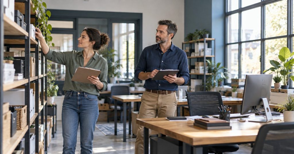 Dos profesionales comprueban mobiliario y equipos en una oficina