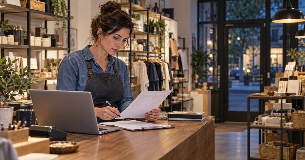 Comerciante revisa un inventario en el mostrador de su tienda