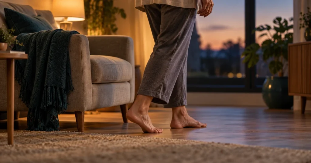 Piernas y pies de una persona que se levanta de un sillón al atardecer.