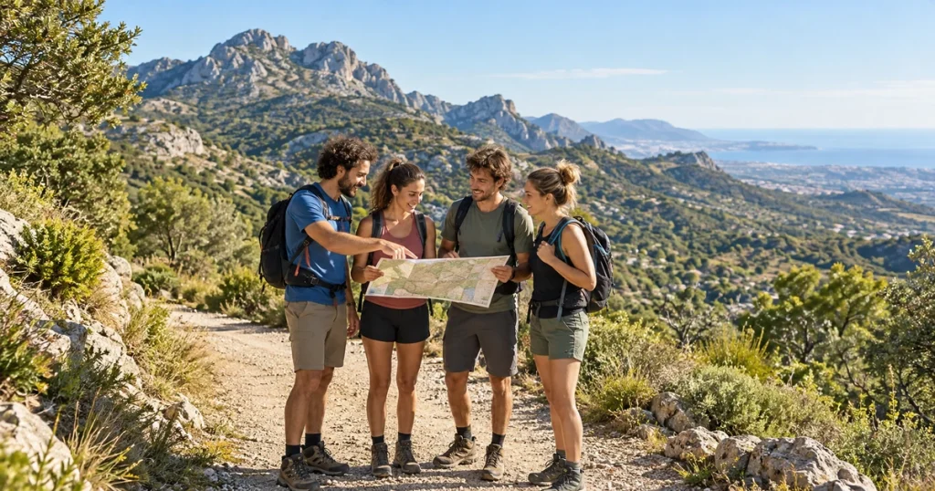 Cuatro excursionistas consultan un mapa en un sendero rodeado de montañas y vegetación mediterránea.