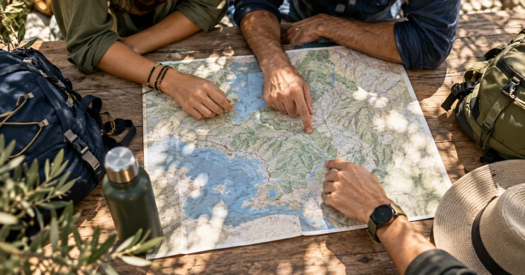 Manos de tres personas señalan un mapa sobre una mesa de madera con mochilas, botella y sombrero.